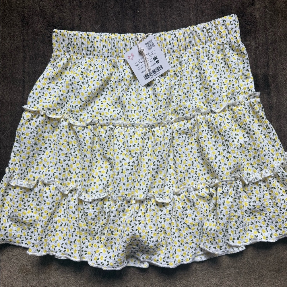 Zara Yellow and White Skater Skirt with Ruffled Tiers 13-14 NWT